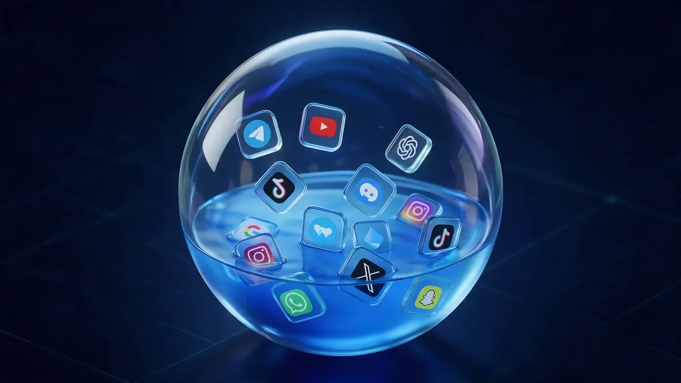 Telegram, YouTube, ChatGPT, TikTok, Discord, Instagram, WhatsApp и другие приложения внутри стеклянной сферы